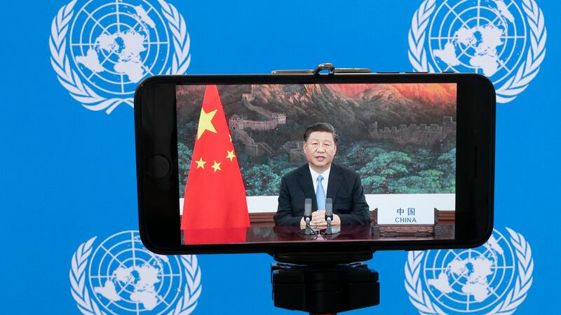 2020年9月22日,中国国家主席习近平在联合国大会上发表视频演讲。(美联社)