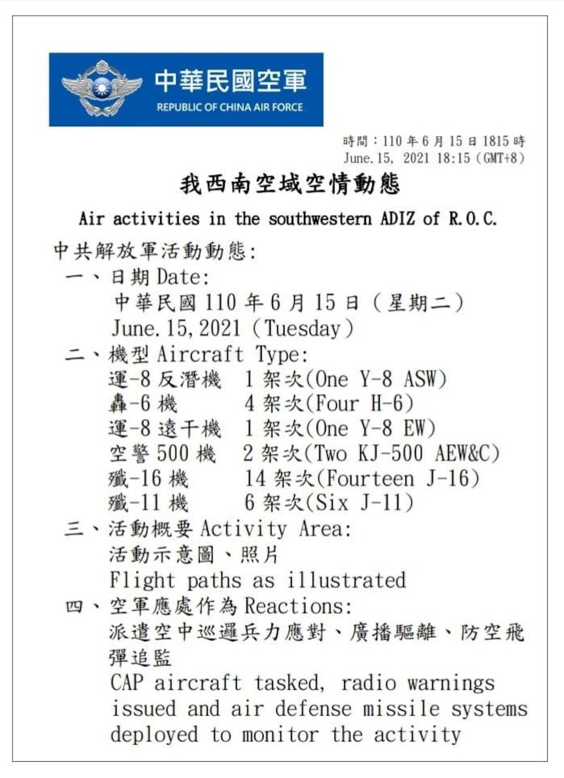 6月15日中国解放军机28架次扰台公开资料史上最大规模。(台湾国防部提供)