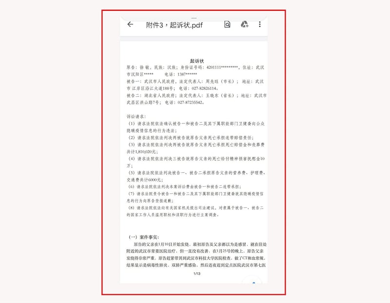 2020年7月20日,徐敏向武汉市中级人民法院提交起诉状,为父亲病逝向政府索赔。(杨占青独家提供)